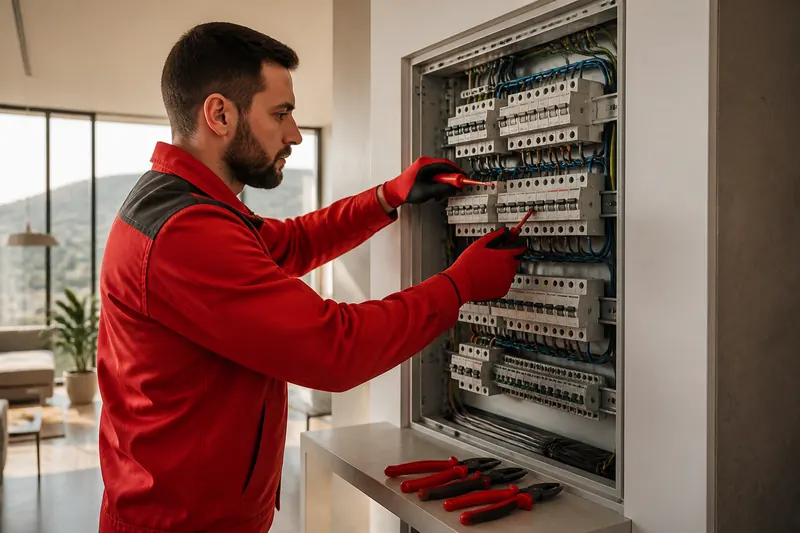 Electricista de JMC trabajando en un cuadro eléctrico